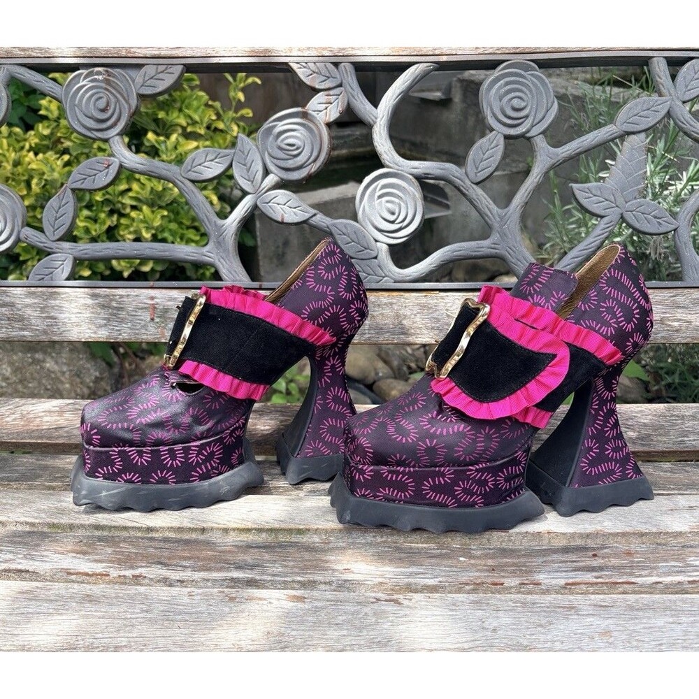 John Fluevog Sz 8 Ruffle Elektra Buckled Platform Pink & Black Heels Ltd Edition - Picture 12 of 12